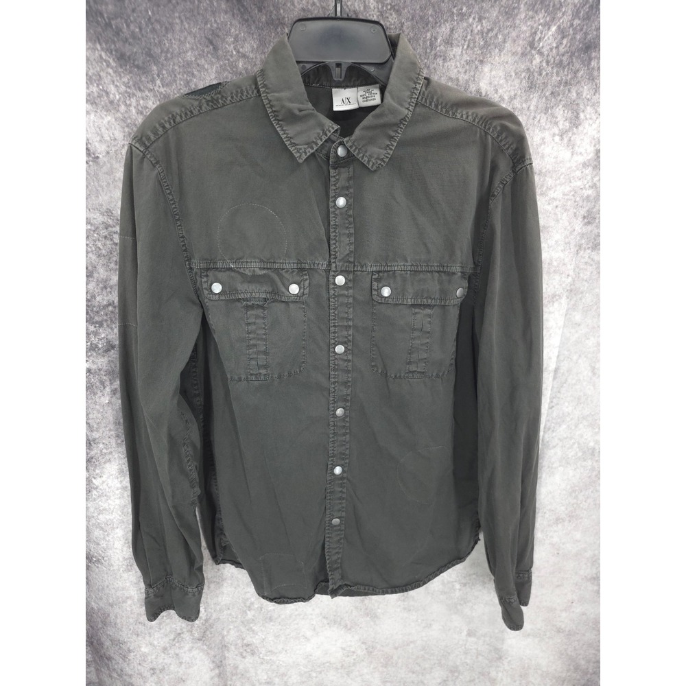 Armani Exchange Mens Gray Cotton Snap Front Utility Shirt AX Logo Patchwork M